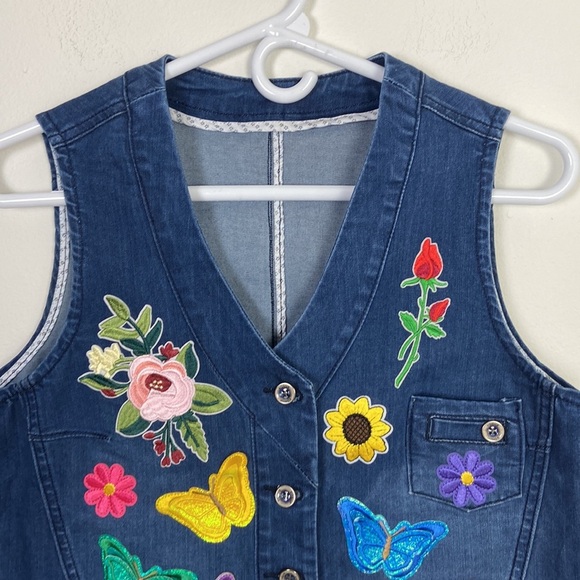 Embroidered Denim Vest Colorful Patches Women's Small Y2K 90s Retro Summer - Picture 3 of 5